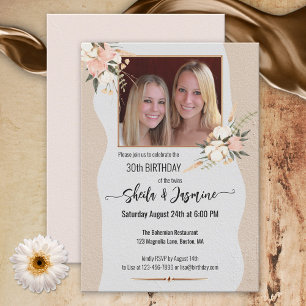 Watercolor Bohemian Floral Photo Twin Birthday Invitation