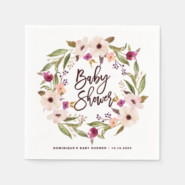 Watercolor Bohemian Floral Wreath Baby Shower Napkin (Front)