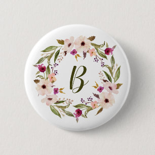 Watercolor Bohemian Floral Wreath Monogram 6 Cm Round Badge