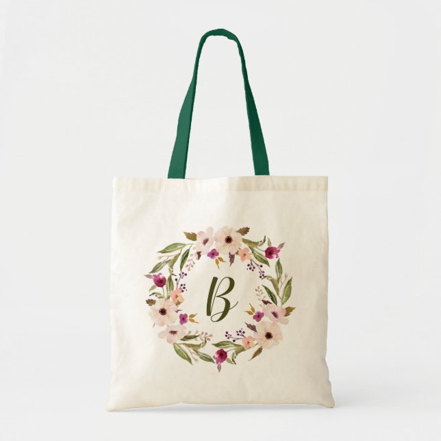 Watercolor Bohemian Floral Wreath Monogram Bag (Front)