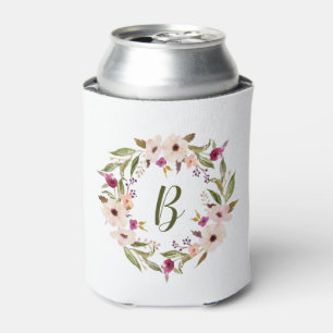 Watercolor Bohemian Floral Wreath Monogram Can Cooler
