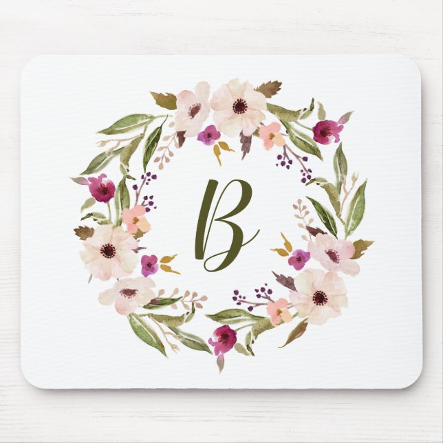 Watercolor Bohemian Floral Wreath Monogram Mouse Mat (Front)