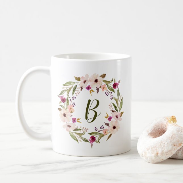 Watercolor Bohemian Floral Wreath Monogram Mug (With Donut)