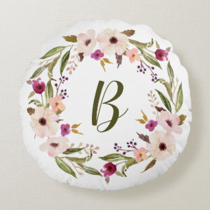 Watercolor Bohemian Floral Wreath Monogram Round Cushion