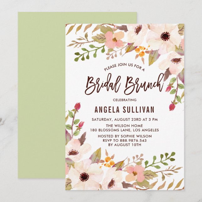 Watercolor Bohemian Flowers Bridal Brunch Invitation (Front/Back)