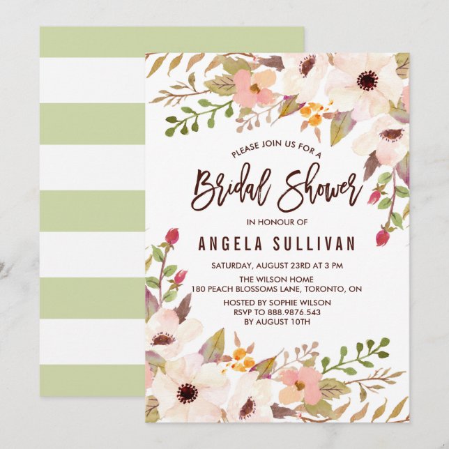 Watercolor Bohemian Flowers Bridal Shower Invitation (Front/Back)