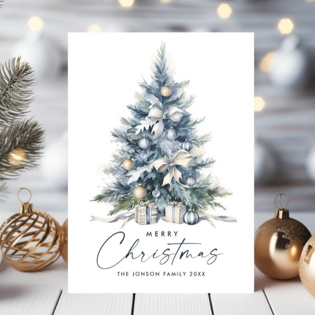 Watercolor Bohemian Neutral Blue Christmas Tree Holiday Card (Creator Uploaded)