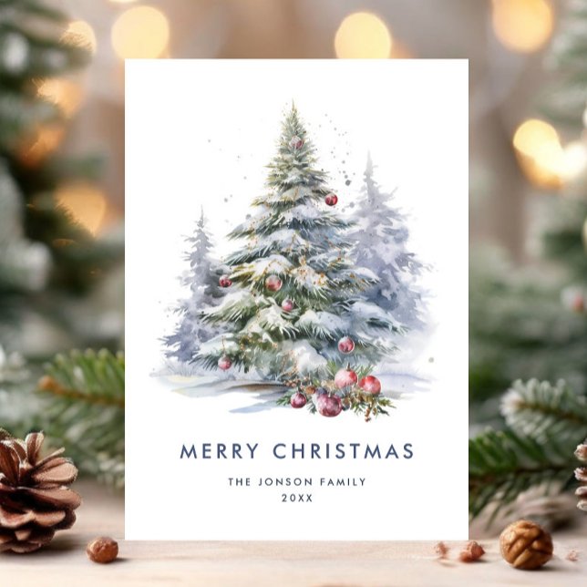 Watercolor Bohemian Neutral Blue Christmas Tree Holiday Card (Creator Uploaded)