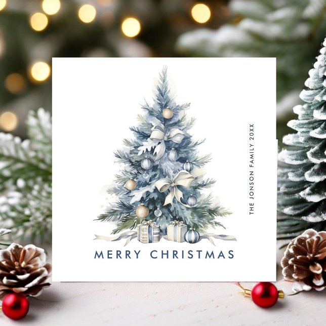 Watercolor Bohemian Neutral Blue Christmas Tree Holiday Card (Creator Uploaded)