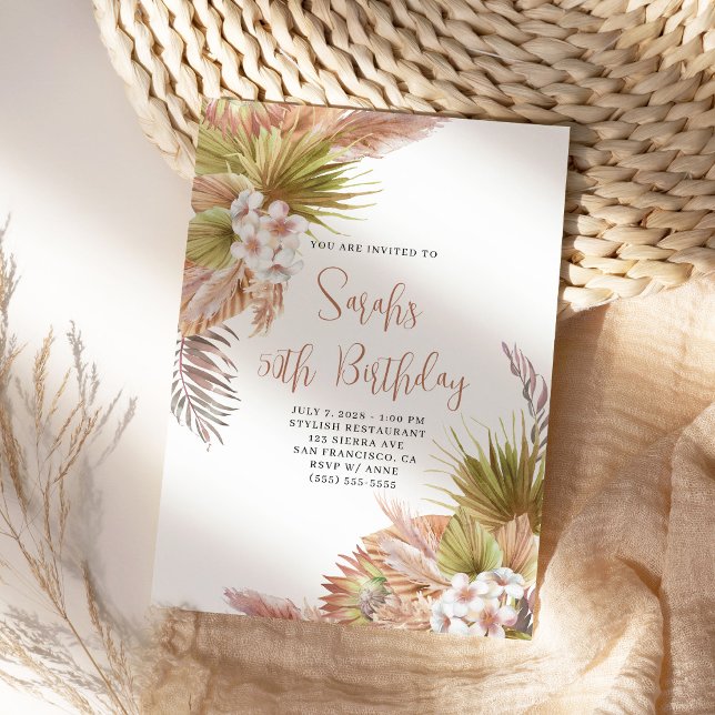Watercolor Boho Beige Floral 50th Birthday Invitation (Beach Venue Birthday Invite)