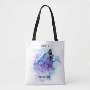 Watercolor Boho BLue and Pupple Wolf Gift for Girl Tote Bag