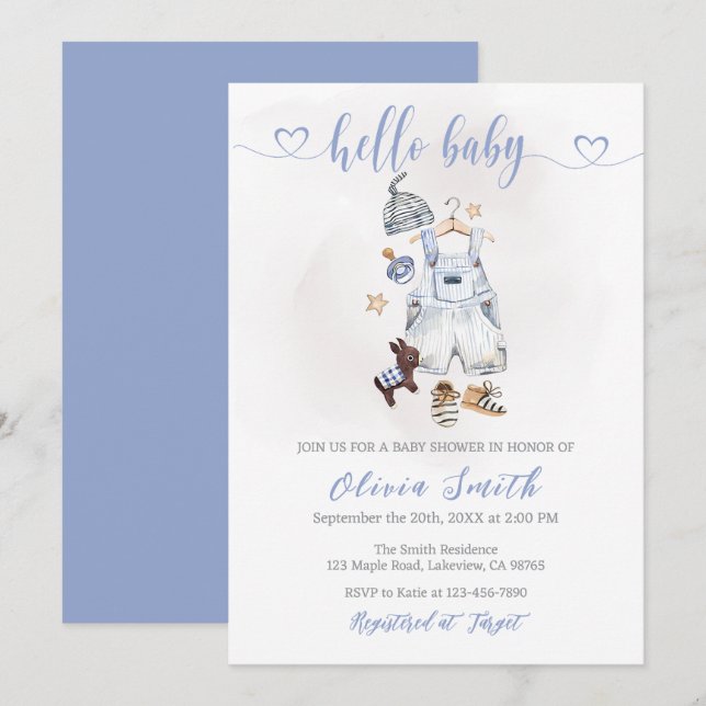 Watercolor Boho Blue Clothes Boy Baby Shower Invitation (Front/Back)