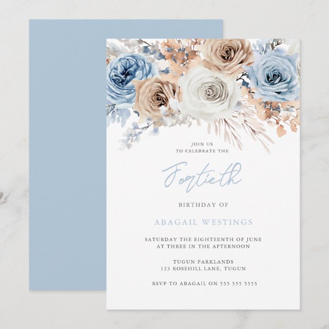 Watercolor Boho Blue Floral 40th Birthday Invitation (Front/Back)