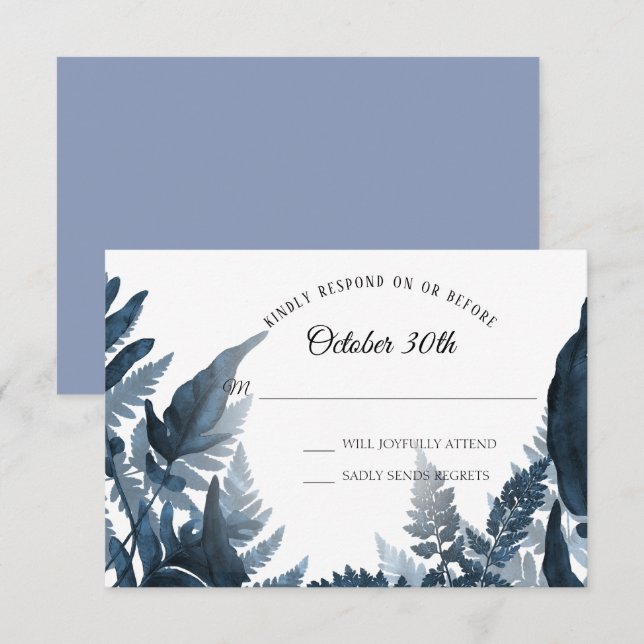 Watercolor Boho Blue Modern Fern Foliage RSVP Invitation (Front/Back)