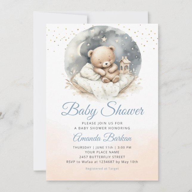 Watercolor Boho Blue teddy bear boy baby shower  Invitation (Front)