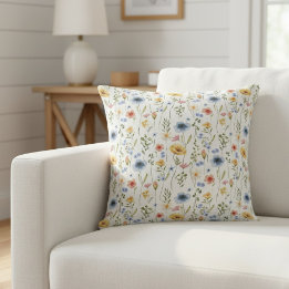 Watercolor Boho Blue Yellow Pink Wildflower Cushion