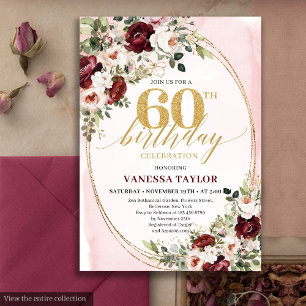 Watercolor Boho Blush Burgundy 60th Birthday Card