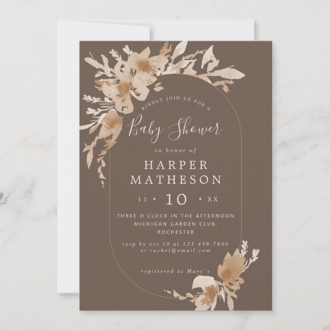 Watercolor boho brown flowers oblong baby shower i invitation (Front)