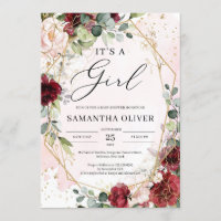 Watercolor boho burgundy floral gold it's a girl