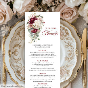 Watercolor Boho Burgundy White Wedding Menu
