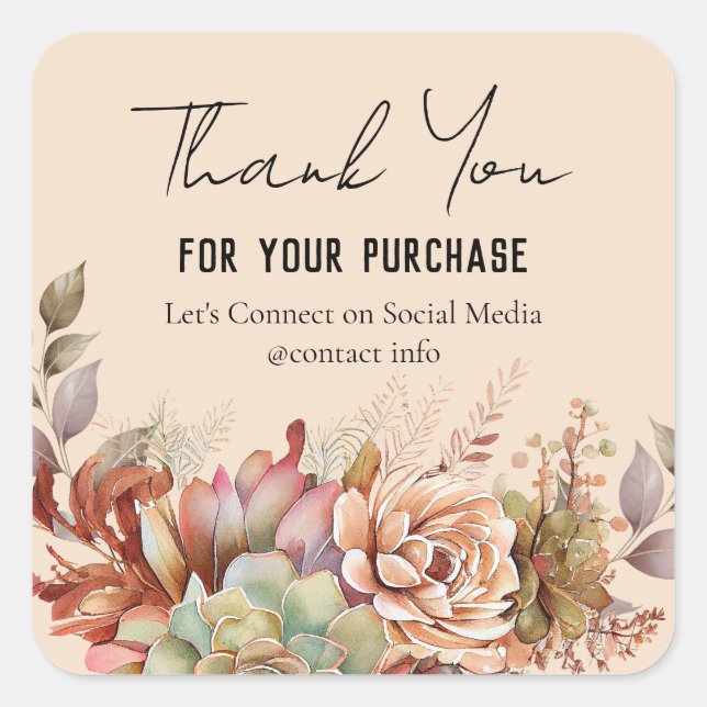 Watercolor Boho Cactus Business Thank You  Square Sticker (Front)