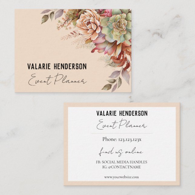 Watercolor Boho Cactus Feminine Script Business Business Card (Front/Back)