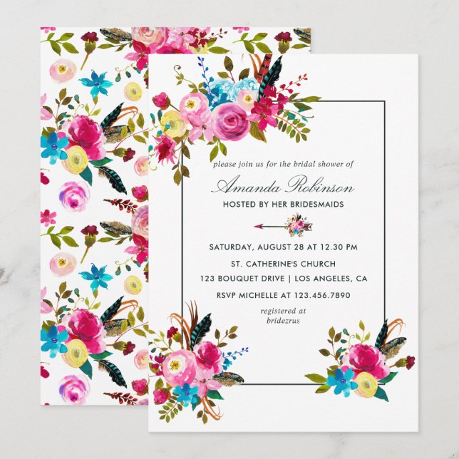 Watercolor Boho Chic Floral Bridal Shower invite (Front/Back)