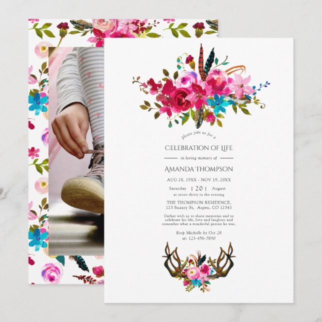Watercolor Boho Chic Floral Celebration of Life Invitation (Front/Back)