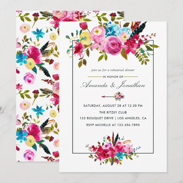 Watercolor Boho Chic Floral Rehearsal Dinner Invitation (Front/Back)