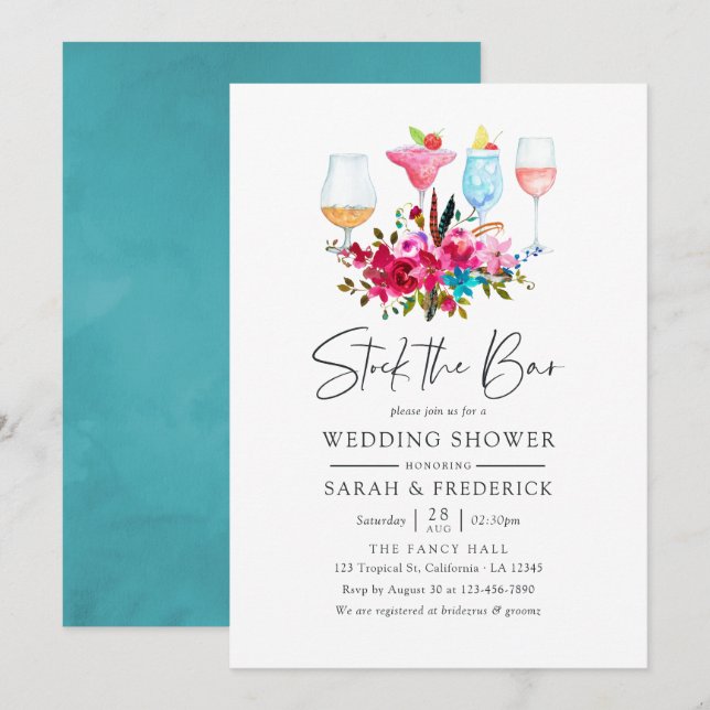 Watercolor Boho Chic Floral Stock the Bar Invitation (Front/Back)