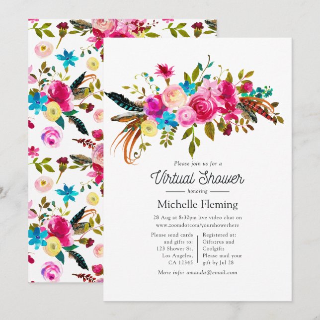 Watercolor Boho Chic Floral Virtual Baby Shower Invitation (Front/Back)