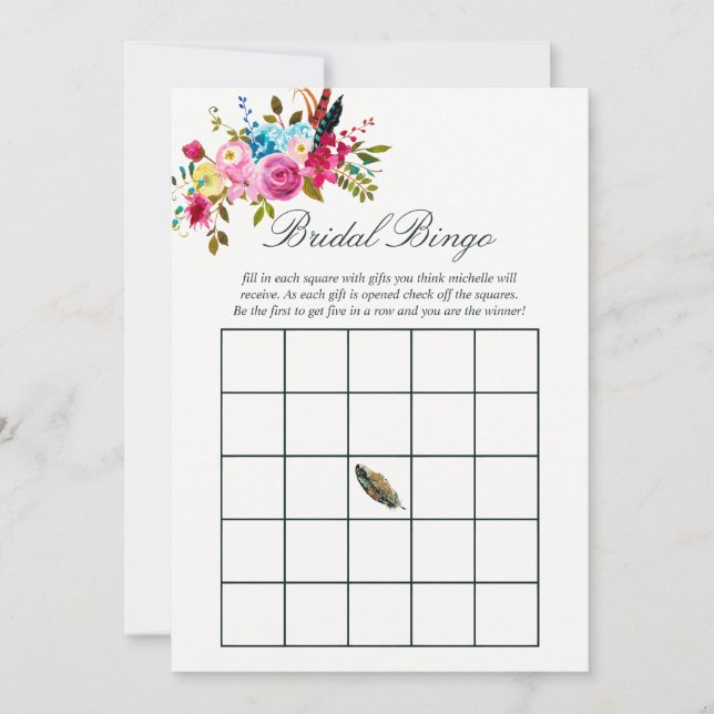 Watercolor Boho Chic Floral Wedding Bridal Bingo (Front)