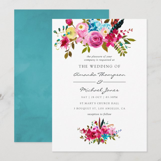 Watercolor Boho Chic Floral Wedding Invitation (Front/Back)