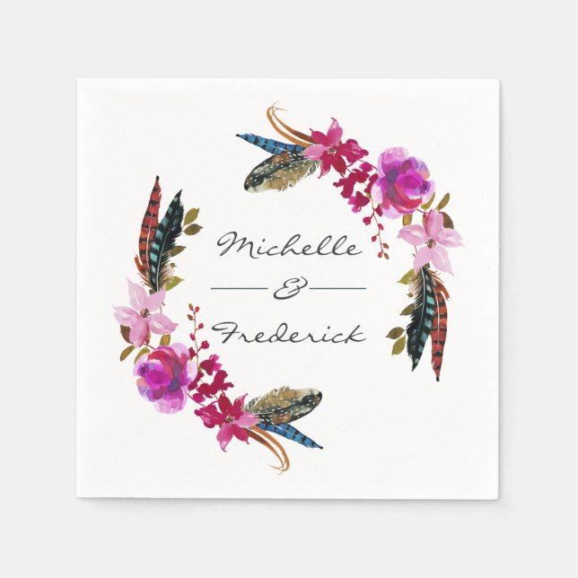 Watercolor Boho Chic Floral Wedding Napkin (Front)