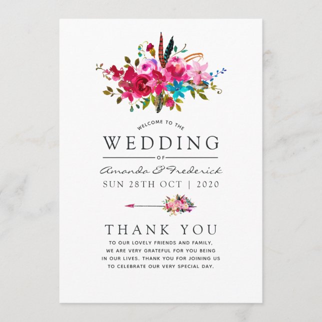 Watercolor Boho Chic Floral Wedding Programme (Front)