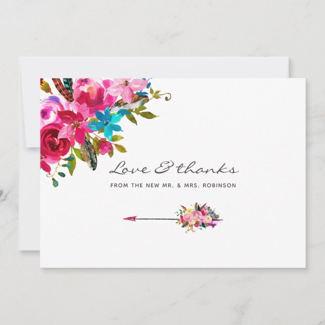 Watercolor Boho Chic Floral Wedding Thank You Card (Front)
