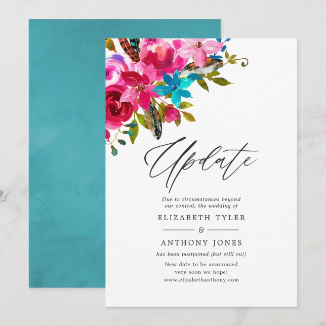 Watercolor Boho Chic Floral Wedding Update Invitation (Front/Back)