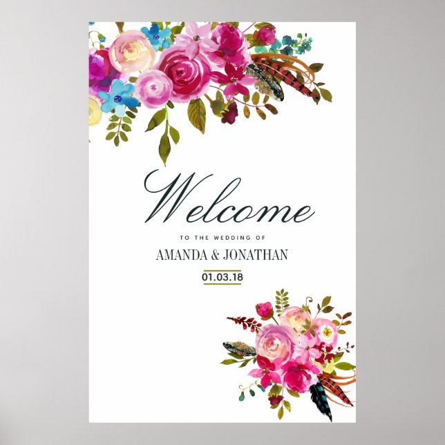 Watercolor Boho Chic Floral Wedding Welcome Poster (Front)