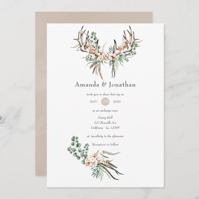Watercolor Boho Cotton and Eucalyptus Boho Wedding Invitation (Front/Back)