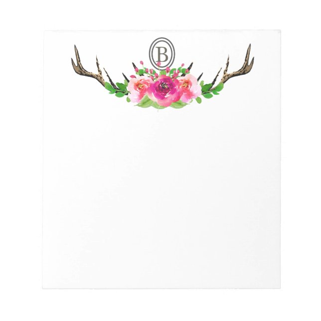 Watercolor Boho Deer Antler Floral Notepad (Front)