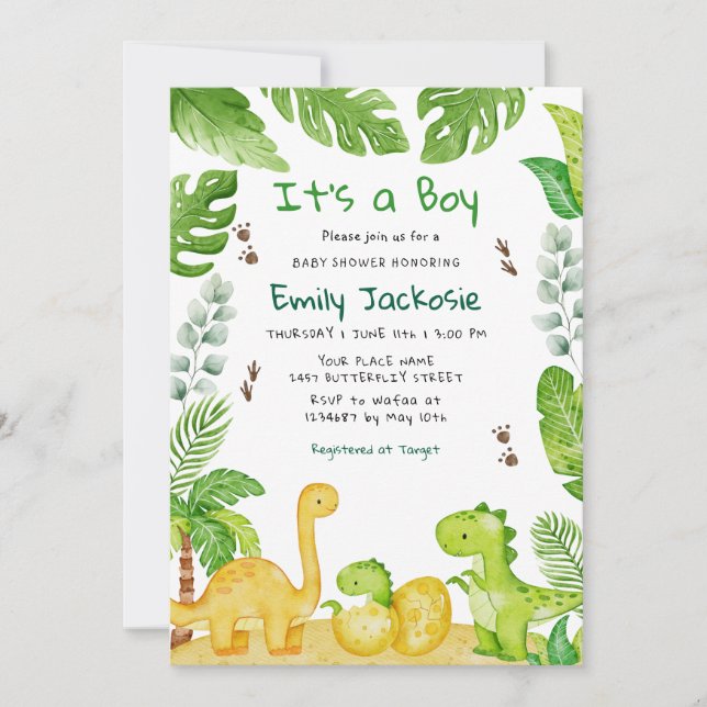 Watercolor Boho Dinosaur Greenery Boy Baby Shower  Invitation (Front)
