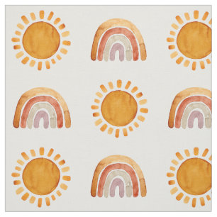 Watercolor Boho Earthy Rainbow and Sun  Fabric