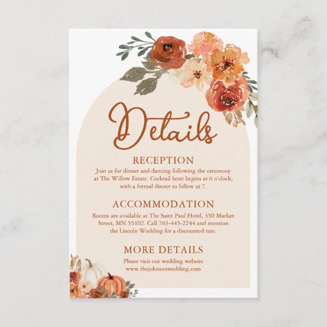 Watercolor Boho Fall Pumpkin Wedding Details Enclosure Card (Front)