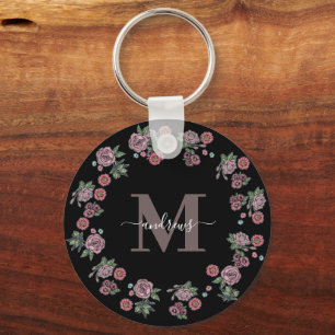 Watercolor Boho Feather and Floral Wreath Photo Key Ring