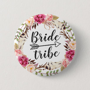 Watercolor Boho Feather Floral Wreath Bride Tribe 6 Cm Round Badge