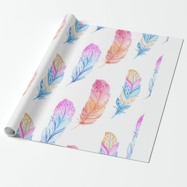 Watercolor Boho Feather Print 3 Wrapping Paper (Unrolled)