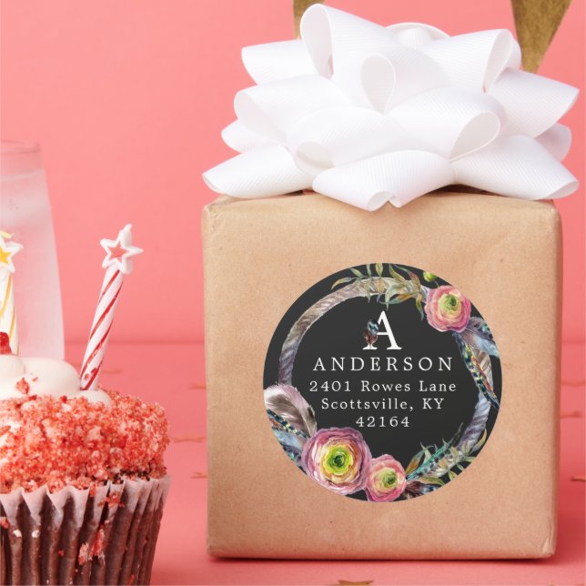 Watercolor Boho Feather Wreath Monogram Address Classic Round Sticker (Party)