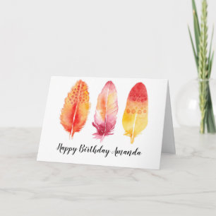 Watercolor Boho Feathers - Custom Birthday Card