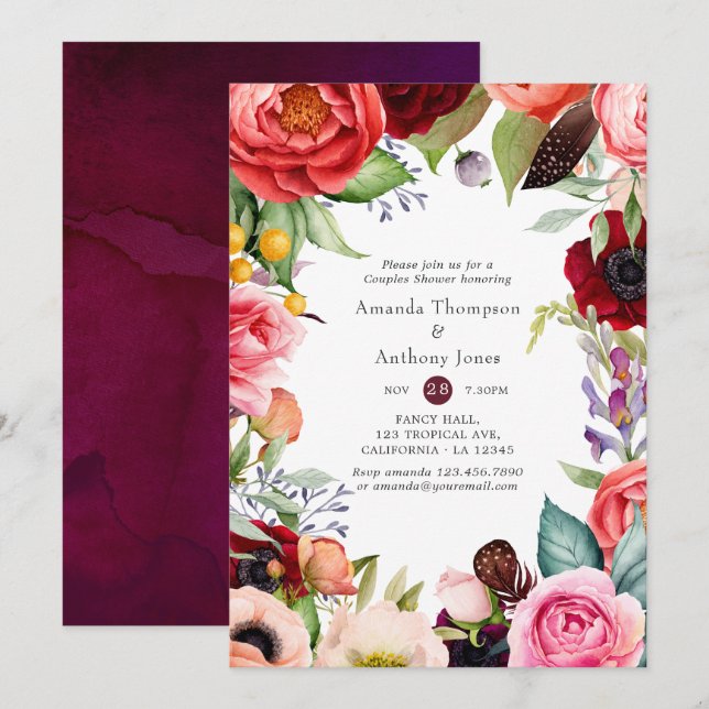 Watercolor Boho Floral Couples Shower Invitation (Front/Back)