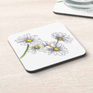 Watercolor Boho Floral Daisy White Christmas Gift Coaster